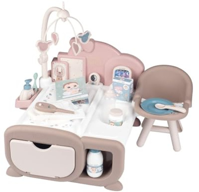 SMOBY BABY NURSE NURSERY 17 piece Playset - Complete space for the child to care of their baby includes Electronic baby phone with lullabies - Perfect for Kids and Toddlers for interactive Doll play