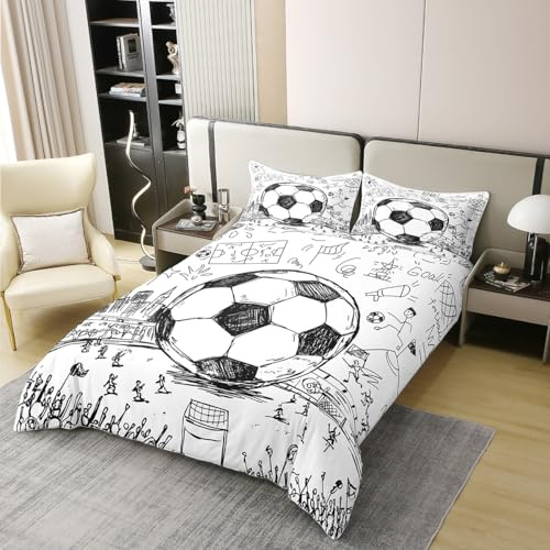 100% Organic Cotton Football Comforter Cover, Hand Drawn Sketch Soccer Flag Network Team Sports Duvet Cover for Boys Teens Men, Decorative 2 Piecce Bedding Set, Twin Size, White Black, No Comforter