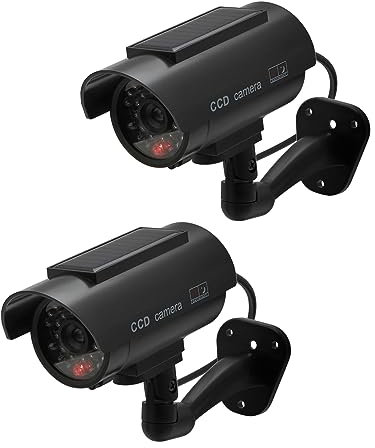 Twilight Garage 2 Pack Solar Powered Dummy Cameras, Waterproof Bullet Simulated CCTV Fake Security Camera Simulation Monitor with Flashing LED Light For Homes & Business, Indoor Outdoor Use