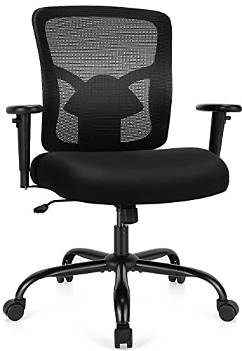 COSTWAY 400LBS Big and Tall Mesh Office Chair, Height Adjustable Computer Desk Chair with Rocking Backrest, Armrests & Lumbar Support, Ergonomic Rolling Swivel Executive Chair for Home Office, Black