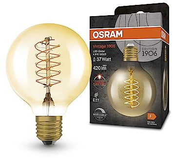 OSRAM Vintage 1906 LED-Lampe mit Gold-Tönung, 4,8W, 420lm, Kugel-Form mit 80mm Durchmesser & E27-Sockel, warmweiße Lichtfarbe, spiralförmiges Filament, dimmbar, bis zu 15.000 Stunden Lebensdauer
