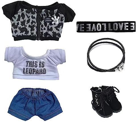 niannyyhouse - 20cm Plüsch Puppe Kleidung Leopard Print Anzug Lose Mantel T-Shirt Hose Hut Martinkragen Weiche Plüsch Stiefel Kostüm (weiß + schwarz, 20cm)