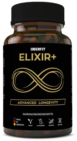 UberFit® ELIXIR+ Advanced Longevity – Resveratrol 490mg, Spermidin 5mg, NADH, Omega-3 & Q10 – Vitamin E für Zellschutz, Vitamin D3 für Zellteilung – 90 vegane Kapseln, Made in Germany