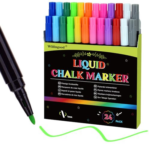LivDeal 24 Kreidestifte,Flüssiger Kreidemarker,Kreidestift Kreidemarker, Fensterstifte, Fenstermalstifte, Glasmalstifte, 12 Farben, 1 mm feiner Tipp