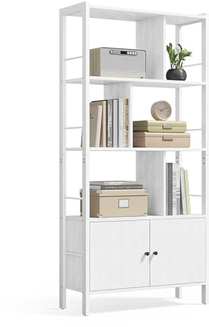 VASAGLE Hylla, 4-vånings bokhylla, förvaringsenhet, Placad, med dörrar, stor, stålram, för vardagsrum, kontor, sovrum, modern stil, lönnvit och molnvit LBC022W44