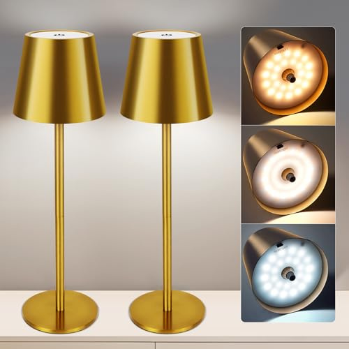 VARICART Cordless Table Lamp 2 Pack, 5000mAh Battery Operated Table Lamps IP54 Waterproof with 3 Color Modes USB-C Rechargeable Night Light, Touch Control Lamp for Bedroom Indoor Outdoor(Gold)