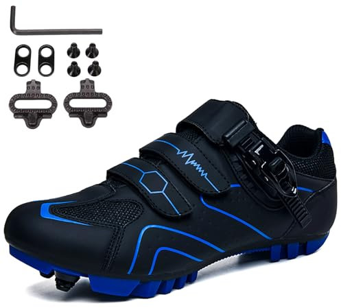 SDEQA MTB Schuhe, Moutntain Fahrradschuhe Herren Damen kompatibel mit SPD 2 Schrauben mit Cleats Radschuhe Mountainbike Schuhe Draussen Radsportschuhe,Black Blue,41 EU