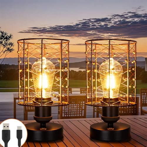 ALL FORTUNE Cordless Rechargeable Outdoor Table Lamps, Battery Operated Table Lamp with Stepless Dimmable Table Lights, Outdoor Lamps for Patio, Living Room, Bedroom, Indoor- Set of 2