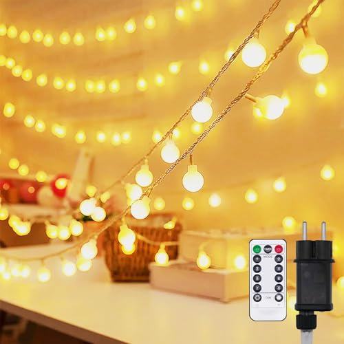 PAVIBOIN Lichterkette Außen, 13M 100 LED Lichterkette Kugeln mit Fernbedienung Timer, Party Lichterkette Innen mit Stecker, Wasserdicht, 8 Modi, Ideal für Weihnachten, Hochzeit, Party Dekoration