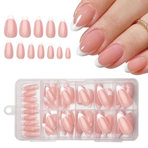 GlamRays 120Pcs French Tip Press on Nails Mittlere Mandel False Nails Weiß French Tips Nails Press on mit Design glänzende Vollabdeckung aus Acryl süße künstliche Nägel