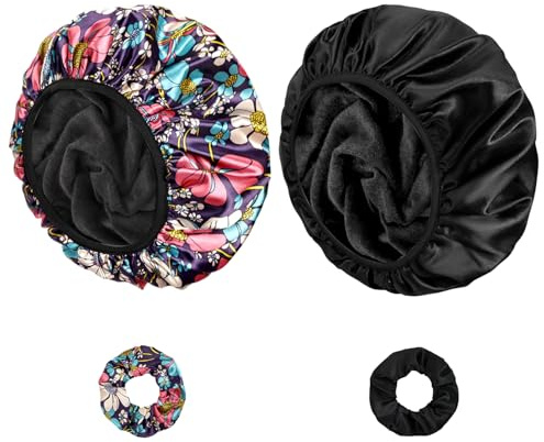 Shower Caps for Women, 2 PCS 3 Layers Terry Lined Shower Cap + 2 Satin Scrunchies, Waterproof Terry Cloth Bath Caps Elastic and Reusable Hair Cap for Shower - (Black+Flower B)