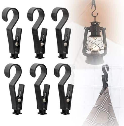 Fokroin 6PCS Mollette per Bucato, Mollette in Plastica con Gancio, Ganci da Campeggio, Asciugamani, Strofinacci, Ganci Multiuso per Lampada da Campeggio, Biancheria da Appendere, Colore nero