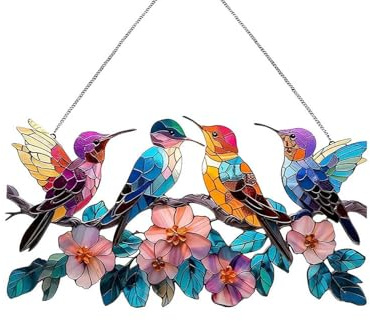 jileijar Vogel-Sonnenfänger, Buntglas-Kolibri-Sonnenfänger, 2D-flach, Acryl, künstliche Buntglasscheibe, Fensterdekoration, bunte Vögel auf Ast, Sonnenfänger, Ornamente, Vogelliebhaber-Geschenk