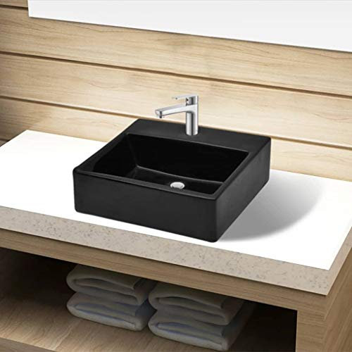 Xichuzi Lavabo de cerámica Cuadrado con Orificio de Grifo/desagüe, Lavabo sobre Encimera, Lavabo Baño, Mueble Lavabo, Muebles De Baño, Negro