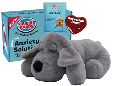 Snuggle Puppy Original Kuscheltier mit Herzschlag für Hunde – Beruhigendes Hundespielzeug gegen Angst & Stress, Trainings- und Komfortspielzeug, Farbe Grau
