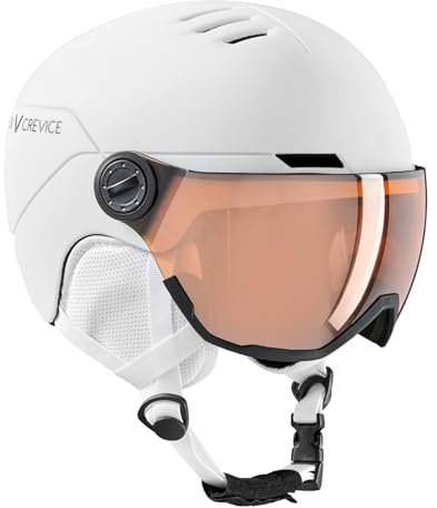 Black Crevice Kinder-Skihelm Cortina I Skihelm mit Vollvisier & Belüftung I Snowboardhelm für Jungen & Mädchen I Mit Ohrpads & Skibrillenhalterung I Größenverstellbar (Weiß, XXS)