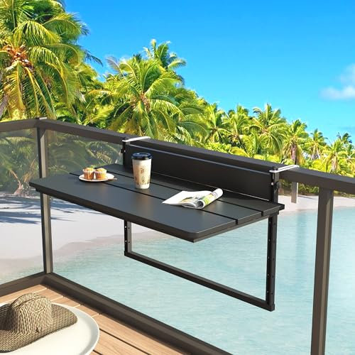 Sundale Outdoor 81,3 cm großer klappbarer Balkontisch für Geländer, Terrassen-HDPE-Stange, verstellbarer hängender Tisch für Baluster-Gartendeck, schwarz