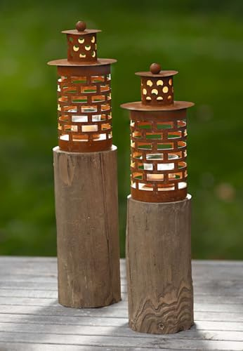 Dekoleidenschaft 2X Windlichtsäule Türmchen aus Holz & Metall in Rost-Optik, 43 + 50 cm hoch, Holzsäule, Kerzenhalter