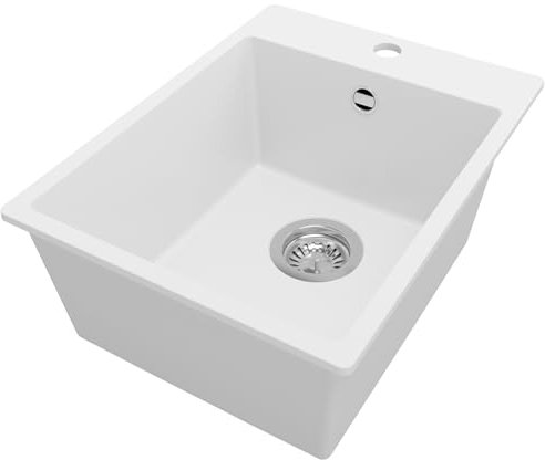PRIMAGRAN Evier Cuisine en Granit Blanc 38x50cm, Lavabo 1 bac + Kit de Vidage, Évier à Encastrer al mueble 40cm - Riga