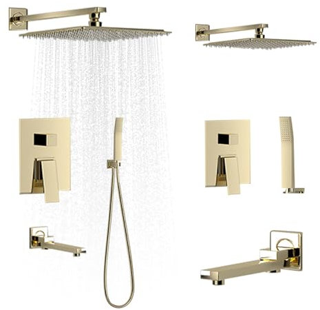 Sistema de ducha empotrado para montaje en pared, sistema de ducha de 3 funciones con cabezal de ducha de lluvia de 25 x 25 cm, ducha de mano de alta presión y entrada de bañera, adecuado para todos