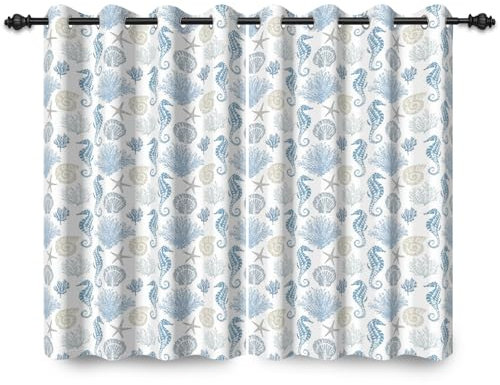 ggaimwf 107x160cm Tenda con occhielli stile nautico Oceano Cavalluccio marino Corallo Spiaggia Fauna marina Oscurante Tende per finestre Camera da letto per bambini Soggiorno,2 pannello