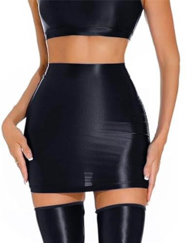 Women's Glossy Mini Skirts, Sexy Shiny High Waist Bodycon Pencil Skirt, Sheer See Through Slim Fit Plain Hip Short Skirts, Elastic Wet Look Neon Hot Skirt Slips for Rave Party Nightclub Clubwear