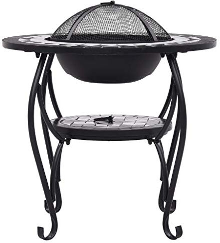 Feuerstelle Tisch Schwarz und weiß mit Keramik, Warmem Gartendekor und Grill, 68 X 68 X 60 cm Metall und Keramik, Umfasst Sicherheitsnetzabdeckung, Pokerwerkzeug und Mehr