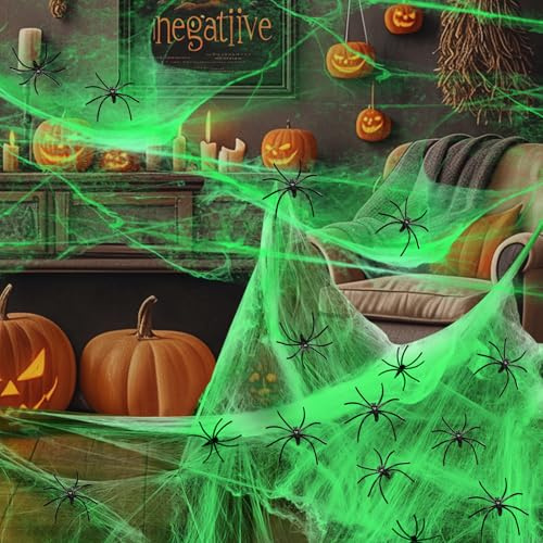 ISparbox Luminosa Ragnatele Halloween Decorazioni, 200g Ragnatela Halloween Decorazione con 40pcs Ragni, Addobbi Hallowen Bianca Spaventose Luminosa Ragnatele per Interno Esterno