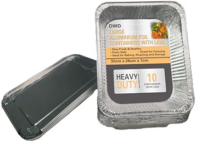 DWD Premium Large Foil Aluminium Trays Pack of 10 Heavy-Duty Deep Tin Foil Trays 32cm L x 26cm W X 7cm H With Foil Lids Cooking Baking Roasting BBQ Meal Prep Tray Broiling Food Storage Gastronorm