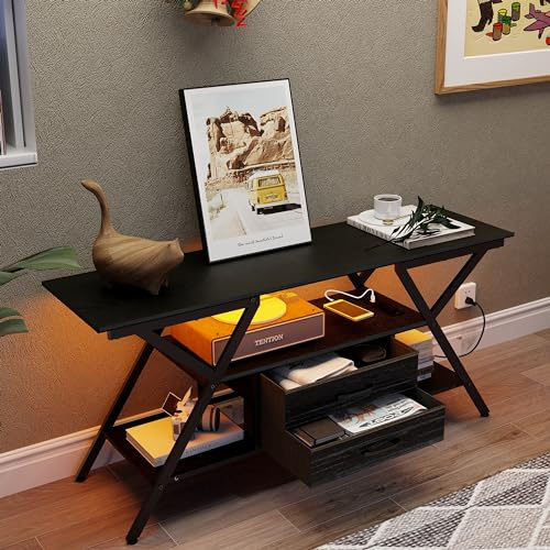 Trironsun Mueble rústico para TV hasta 55 pulgadas, consola de TV con estación de carga y luz LED, estante de TV, 2 compartimentos, cajones de tela, centro de entretenimiento para dormitorio o salón