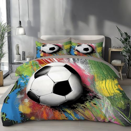 ZISTRCBAO Calcio Set Copripiumino, Tema Sportivo Biancheria Da Letto, Set Copripiumino E Federe Per Cuscino Double Face In Microfibra Premium（135x200cm, Multicolore ）