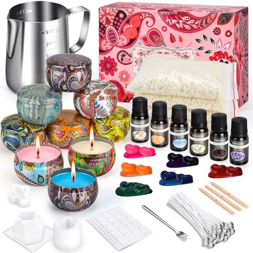 BuzzoXerex Kerzen Selber Machen Set, DIY Kerzenherstellung Kit Weihnachten Geschenkset mit 6 Ätherische Öle, 480g Sojawachs, 8 Dosen, 12 Farbstoffen, Wachsschmelztiegel DIY Set für Kinder Erwachsene