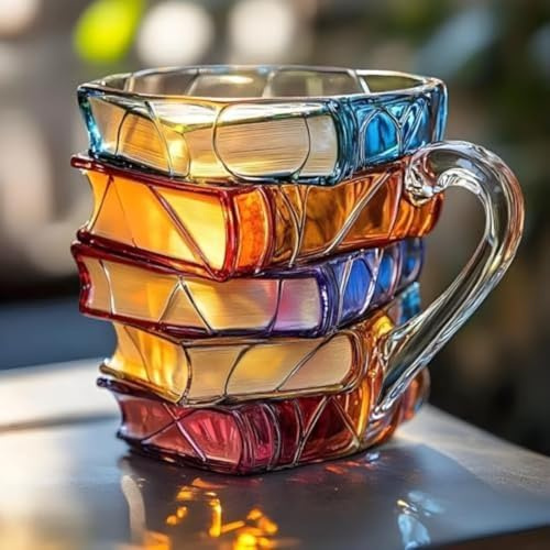 Generico Bicchiere a forma di libro dipinto a mano | Tazza da latte a tema libro- Tazze da caffè impilabili, adatte per caffè, latte, birra e bevande calde e fredde.