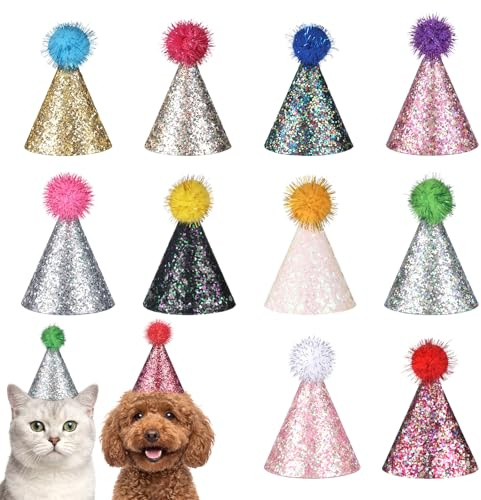 10 Stück Partyhütchen, Mini Partyhüte für Kuscheltiere Kleine Partyhüte Kuscheltiere Geburtstagshüte Faschingshüte Partyhut mit Verstellbarem Kopfband Glitzer Dekorationen für Kleine Tiere Hunde Welpe