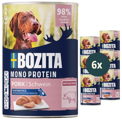 Bozita Dog Paté Schwein 6×400 g – hochwertiges getreidefreies Singleprotein Nassfutter für Hunde – stückige Pastete mit Postbiotika, ohne Zuckerzusatz & künstliche Zusatzstoffe