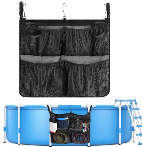 CATZUM Cesta de almacenamiento para piscina, 1 unidad con 3 ganchos desmontable. Organizador lateral multifuncional para piscinas elevadas, jardín y baño. Mantiene el orden.