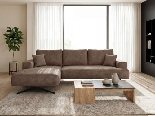 GRAINGOLD Leto Ecksofa 260x165 cm, L-Form Sofa, Ecksofa für Wohnzimmer, Velours-Stoff, 3-Sitzer Eckcouch, Modernes Design (Braun, Links)