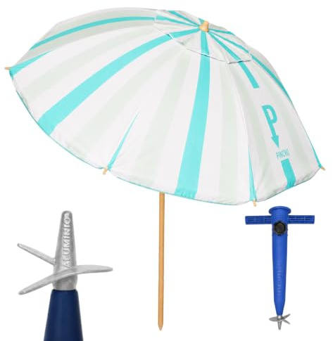 Pincho Sombrilla Playa Grande Familiar 200 cm, Sombrilla Playa Anti Viento UV50 Inclinable con Ventana, Soporte Anclaje y Bolsa Transporte, Tubo Aluminio Oxford, 8 Varillas Flexibles Fibra Vidrio