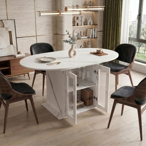 Tavolo da pranzo allungabile ovale, 100/140 x 100 x 77 cm, tavolo da cucina per 4-6 persone, con vano contenitore e vano refrigerato, moderno tavolo da pranzo allungabile, tavolo da soggiorno con