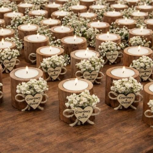 Personalisierte Kerze Hochzeit Gastgeschenke für Gäste, Rustikaler Holz Kerzenhalter Teelicht-Set mit Name und Datum, Danke Schön Gastgeschenke, Babyparty/Brautparty Gefallen für Gäste (20Stk)