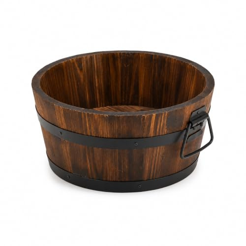 Muddy Hands Burnt Wood Half Whiskey Barrel Wooden Planter Round Plant Pot Outdoor Garden (Small)