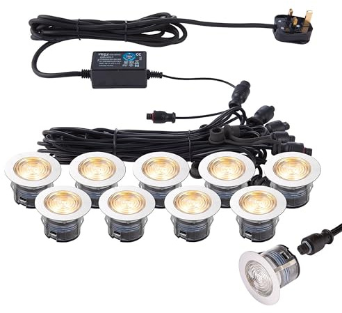 National Lighting IKON PRO Pack of 10 Colour Changing (CCT) Warm & Cool White LED 45mm Round Stainless Steel Outdoor Garden Decking Pathway Kitchen Plinth Lights Kit - IP67
