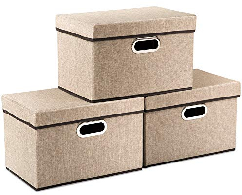 PRANDOM Aufbewahrungsbox mit Deckel,Faltbarer Aufbewahrungsboxen, Aufbewahrungskorb mit Griff,Dekorative Stapelboxen,Organizer Container,Khaki[3-stück] 38x25x25cm