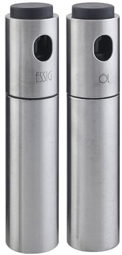 FMprofessional Essig-/Ölsprüher-Set 17,5 cm, Essigspender und Ölspender aus Edelstahl, Essigsprühflasche mit Kunststoffdruckknopf, praktische Ölsprühflasche, nützliches Essig- und Olivenölsprühgerät