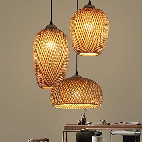 Lustre Industriel 3 Lampes Suspendue Bambou Tissé À La Main Lampe Vintage Pendentif Rotin Lampe À Suspension Abat-Jour En Osier Naturel Luminaire Plafonnier E27 Pour Chambre Salon Cuisine Salle