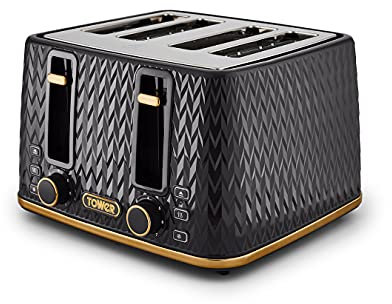 Tower T20061BLK Empire 4-Slice Toaster with Defrost/Reheat, Removable Crumb Trays, 1600W, Black and Brass