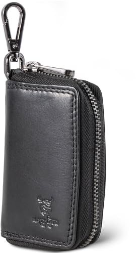 MATADOR Mini Pochette Rangement - Sac pour Clef en Cuir Véritable | Etui à Clé avec Femeture Éclair en Métal et Mousqueton | Porte Clés Protection Organiseur avec Boîte Cadeau Elegant Nappa Noir