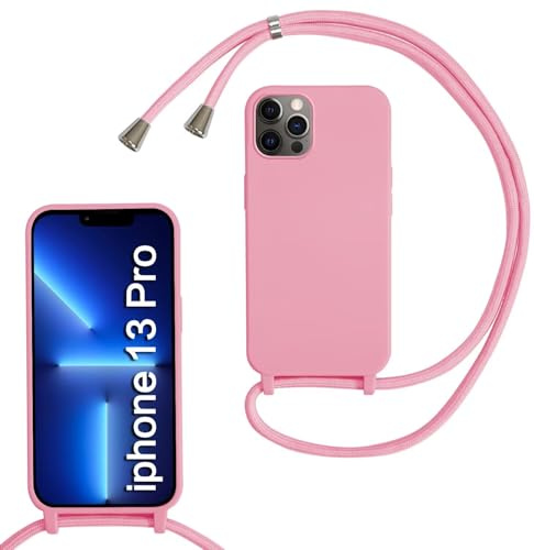 MBSLFY Silikon Handykette für iPhone 13 Pro Hülle mit Band,Silikon Necklace Handyhülle mit Abnehmbar Kordel zum Umhängen Stossfest Bumper Handy Schutzhülle für iPhone 13 Pro, Rosa