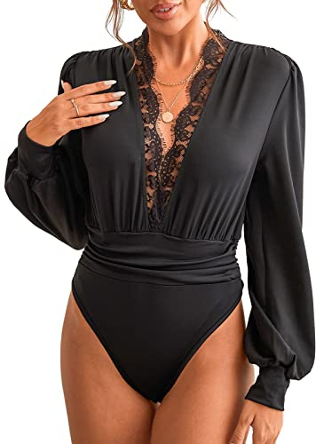 CUPSHE Donne Bodysuit con scollo a V profondo, dettagli in pizzo, maniche lunghe, pieghe, body casual a maniche lunghe, top a camicia, Nero , XL