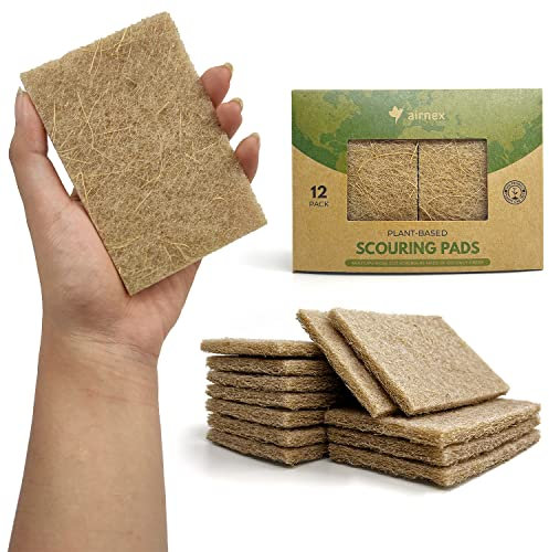 Pack of 12 Plant Based Scouring Pads for Dishes - Made from Coconut Husk & Recycled Fibres - Non Scratch, Odour Free, Heavy Duty Scrubbing Pads for Kitchen & Bathroom - Green America & PETA Certified
